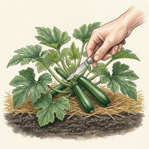 A hand cutting a young zucchini from the plant
