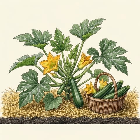 A basket of picked zucchini and flowers beside the plant